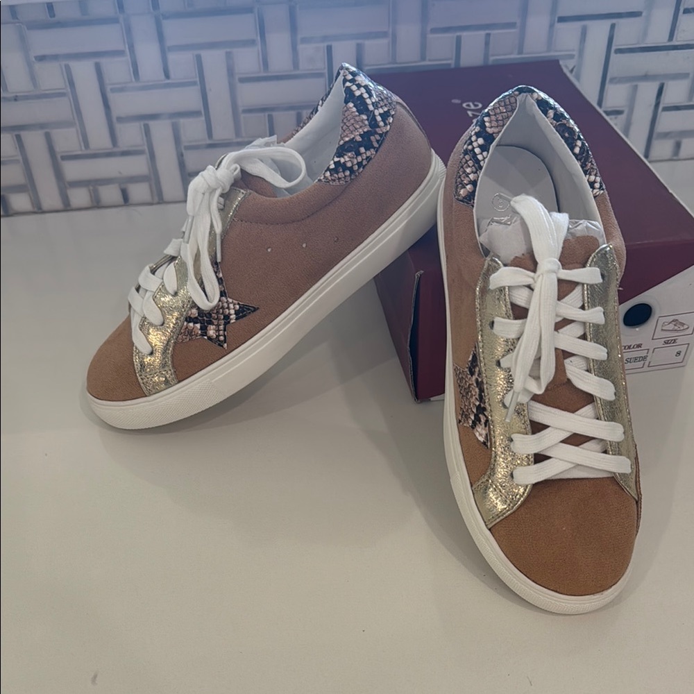 Brown and Gold Star Sneakers